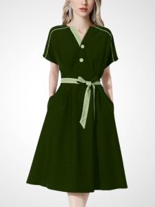 Elegant Green A-Line Dress Womens Fashionable Short Sleeve Slimming Midi Dress French Style Summer 2025 New Arrival