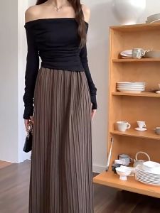 Korean Dress✨กระโปรง🎉ผ้าซิ่นสำเร็จรูปสตรี กระโปรงจับจีบยาวปานกลาง กระโปรงทรงตรงเอวสูงทรงเดรป