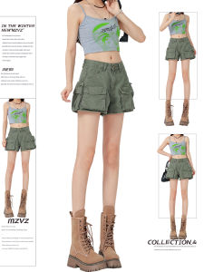 MZVZ | Vintage Army Green Workwear Denim Shorts Multi Pockets