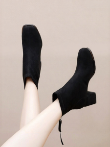 Josiny | Winter New Design Black Suede Chunky Heel Lace-up Slimming Ankle Boots