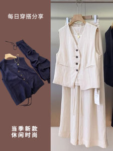 Slim Fashionable Vest Pants Set Womens Casual Summer New Style Suit Pants Top Set Wide Leg Pants Ensemble Short Sleeve Polyester