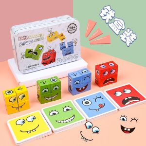 Face-Changing Cube Building Blocks Kids Space Thinking Early Education Educational Board Game Matching Interactive Game Smiley Wooden Toys