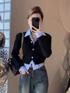 เสื้อคาร์ดิแกนถักแฟชั่นสำหรับผู้หญิง ดีไซน์เก๋ไก๋ แขนยาว ปกโปโล สไตล์เกาหลี ทรงหลวม ปกติ ฤดูใบไม้ผลิและฤดูใบไม้ร่วง