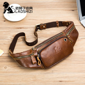 LAOSHIZI Mens Genuine Leather Waist Packs Multifunction Fashion Leather Chest Bag Sports Casual Leather Travel Pocket Phone Bag