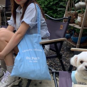 Paris Life | Dark Blue Minimalist French Letter Cotton Thin Shoulder Bag Large Capacity Leisure Cloth Bag