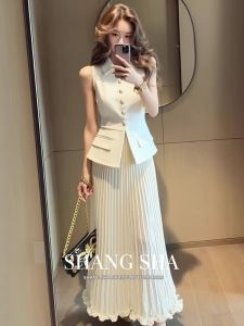 SHANGSHA | Stylish Elegant Office White Pleated Vest Dress Set