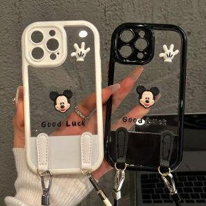 Cute Mickey Figure Womens Cellphone Case Creatively Made Leather Rope Full Coverage Compatible with Apple 16promax Huawei Mate60pro