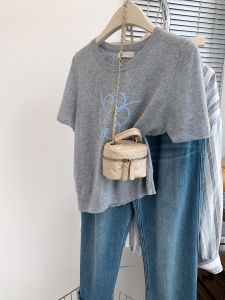 Gray Ice Silk Knitted Short Sleeve T-Shirt Womens Summer Thin Shoulder Design Sensation 2025 New Style Commute Style Top