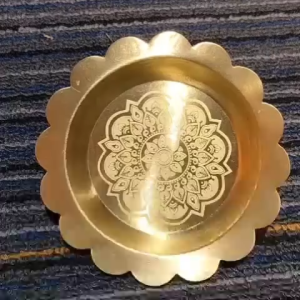 Printed Brass Pooja Plate 4 Inch | Floral Mandala Design Brass Offering Plate for Pooja Home Temple Festive Decor & Gifting | 1 Pc