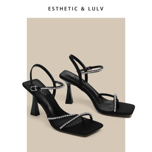 รองเท้าแตะส้นสูงสีดำประดับคริสตัลแบบสวมสบายสำหรับผู้หญิงในช่วงฤดูร้อนปี 2025 รองเท้าแตะแบบสวมสบายสไตล์ฝรั่งเศส