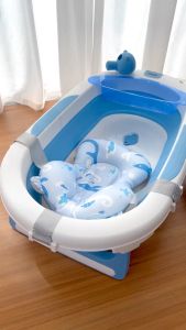 Chậu tắm cho bé gấp gọn có nhiệt kế kèm phao cá heo 9BABY màu xanh biển - Tặng kèm chậu rửa mặt