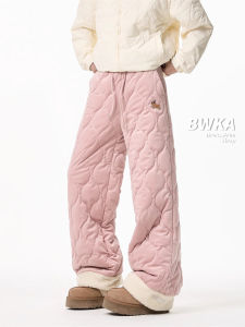 กางเกงขายาวทรงตรงหนาสำหรับฤดูหนาวสำหรับผู้ชายและผู้หญิง กางเกงขายาวทรงยาวป้องกันลมสุดอบอุ่นพร้อมการปักลายสัตว์ขนาดเล็กและขนแกะสำหรับผู้หญิง