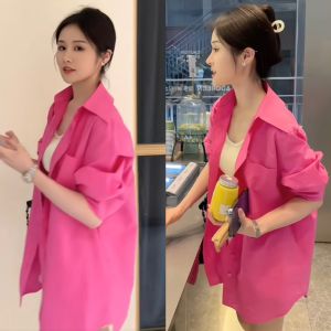 Loose Womens Pink Shirt Spring Summer New Design Sensation Small Audience Lazy Style Blouse Korean Version POLO Collar Long Sleeve