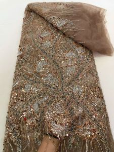 Luxury Nigerian Gold Lace Fabrics Fashion Women African Tulle Lace Luxury Handmade Beaded Sequins Fabrics For Wedding 5 Yards