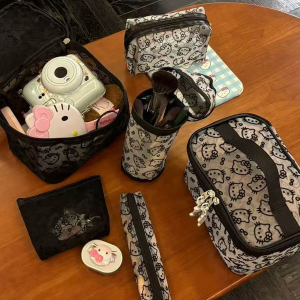 Sanrio | Cute Hello Kitty mesh makeup bag transparent flocked cosmetic organizer portable travel toiletry bag.