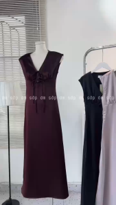 Xám/ Nâu/ Đen Lụa HK mịn mát mướt rũ bóng nhẹ Đầm lụa dáng dài cổ V cột dây quyến rũ tôn dáng gợi cảm sang xịn nữ tính HINE DRESS
