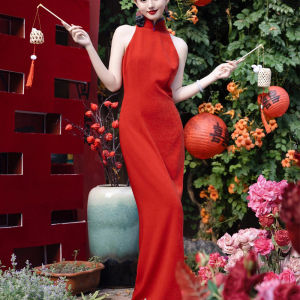 Red Chinese Style Morning Photo Wedding Dress Womens Design Backless Cheongsam High-End Feeling Ceremony Dress Long Skirt