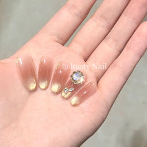 Handmade Flashing Gold Cat Eye Nail Stickers with Diamond Nude Color French Style High-End Feeling Beauty Nail Patches