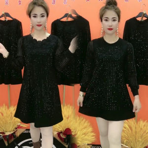 ชุดเดรสยาวแขนยาวสีดำ ทรงเข้ารูป คอกลม สำหรับคุณแม่ ฤดูใบไม้ผลิและฤดูใบไม้ร่วง แฟชั่นผู้หญิง ชุดเดรสยาวปานกลาง