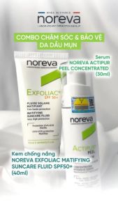 Combo đồng hành cùng hai bước chăm da dầu mụn với Serum Noreva Actipur Peel và Kem Chống Nắng Noreva Exfoliac Matiying Suncare Fluid SPF 50+