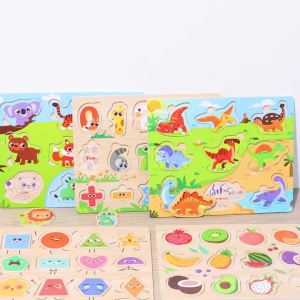 Montessori Wooden Puzzles Hand Grab Boards Tangram Jigsaw Toys Baby Educational Toys Cartoon Vehicle Animals Fruits 3D Puzzles