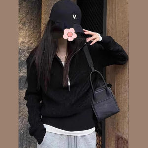 CAOZIMUYI | High Collar Half Zip Knit Top Lazy Style