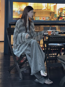 SHANGSHA | Summer Korean Style Old Money Style Striped Sun Protection T-shirt Wide Leg Pants Set
