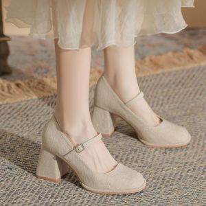Giày Cao Gót Mary Jane Đế Dày Đầu Tròn Kiểu Pháp Cho Nữ Giày Cưới Đế Bằng Đính Nút Đơn Giày Đế Cao Gót Mũi Nhọn