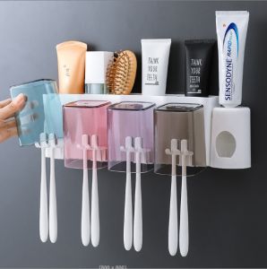 Kệ để bàn chải nhả kem đánh răng thông minh giá treo 4 cốc để đồ dán tường có nhả kem đánh răng- Kệ 4 ngăn đựng kem đanh răng kèm 3 ly - kệ mini nhà tắm -ke nha tắm - giá treo bàn chải và kem đánh răng - kệ đưng