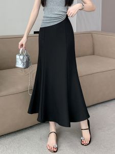 plus Size Womens Midi Black Suit Skirt High Waist Belly Covering Slim A-Line Fish Tail Skirt Commute Korean Style Long Skirt