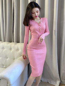 Váy Len Dệt Kim Cổ Chữ V Ôm Vừa Vặn Cổ Điển Gợi Cảm Váy Midi Dài Vừa Phải Váy Công Sở Màu Trơn Cao Cấp Cho Nữ
