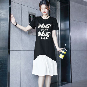 Casual Summer Dress Womens New 2025 Fashionable High-End Letter Print Chiffon Splicing T-Shirt Dress Korean Style Soft Cotton