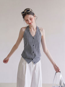 French Checkered Halter Sleeveless Top