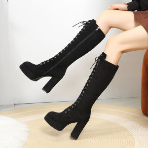 DIANCHA | Rounded Head Lace-Up High Heel Zippered Long Boots
