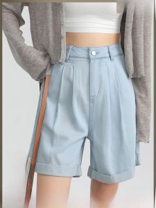 High Waist Casual Denim Shorts Womens Summer Lightweight Slim A-Line Straight Leg Cuffed Shorts Breathable Comfortable Fit