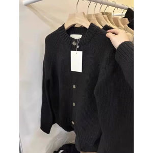 Màu Đen Áo Len Dệt Kim Áo Khoác Nữ Mùa Thu Mùa Đông Thoải Mái Rộng Rãi Phù Hợp Với Áo Dài Tay Đơn Nút Cổ Tròn Phong Cách Hàn Quốc Áo Khoác Cardigan