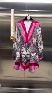 ROMISS | Print Mini Dresses For Women V Neck Long Sleeve High Waist Patchwork Belt Folds Hit Color Vintage Dress Female Spring