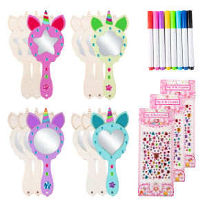 12pcs/set Mermaid Unicorn Butterfly Shaped Unfinished Wooden Princess Mirror Crafts DIY Blank Mini Handheld Mirror Favors