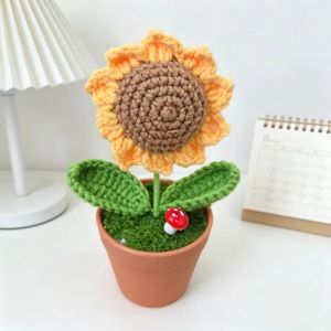 Sanrio | Finished Crochet Sunflowers Hellokitty Potted Emotional Support Artificial Flowers Bouquets Home Table Car Interior Decor