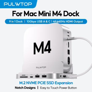 PULWTOP Mac Mini M4 Dock with 4TB M.2 SSD Enclosure & HD4K USB-A/C 10Gbps SD/TF (SSD NOT Included) for Mac Mini M4 Pro
