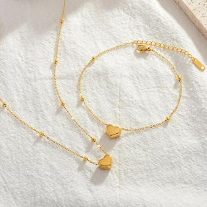 BESFOME Ins Trending Gold Plated Beads Chain Necklace Bracelet Summer Anklets For Women Stainless Steel Love Heart Gold Charm Anklets Foot Chain Jewelry Set