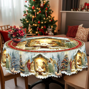 1 Piece of Merry Christmas Themed Printed Tablecloth Retro Country Farmhouse Style Birth Scene Pattern Design Suitable for Christmas New Years Party Party Decoration Kitchen Accessories Room and Outdoor Decoration Gift for Friends