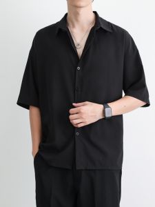 Summer Ice Silk Mens Short Sleeve Shirt Casual Loose Fit Half Sleeve Black Large Size Fashionable New Style Travel Shirt