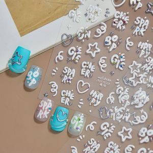 Cute White Letter Star Shaped 5D Nail Stickers Paired With Colorful Crystal Letter Design Self-adhesive Nail Decoration Stickers