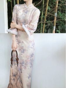 Chiu Drunken Fairy Purple Lily Embroidered Fleece Lined Winter Long Sleeve Midi Dress Vintage Style Chinese New Year Dress
