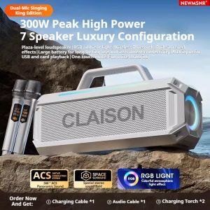 NEWMSNR Clasion 300W Peak Power Karaoke Bluetooth Speaker With Dual Wireless Microphones Portable Wireless Bluetooth Speaker Power Bass Karaoke System With Subwoofer Microphone Hifi 9D Surround Bass Waterproof Music Player Long Battery Life
