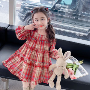 Girl 2 Children Autumn Clothing Dress Children 3 Children Autumn Fashion Gingham Casual Dress Spring and Autumn Western Style Fashion Princess Dress