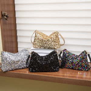 Fashionable Sequin Womens Shoulder Bag Versatile Chic Underarm Small Bag American Retro Style Daily Use Polyester Material