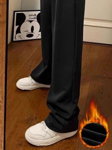 กางเกงขายาวทรงตรงผ้าขนแกะหนาเอวสูงสำหรับผู้หญิง กางเกงขายาวทรงหลวมขาบาน ทรงสลิมฟิต ทรงยาวถึงพื้น ฤดูใบไม้ร่วง/ฤดูหนาว