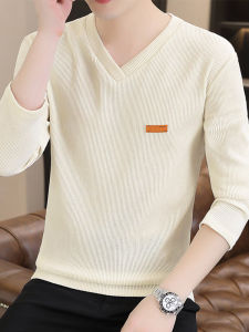 Slim Fit V-Neck Long Sleeve Mens T-Shirt Fleece Lined Base Layer Casual Autumn Wear Polyester Fiber Anti-Wrinkle Youth Fashion